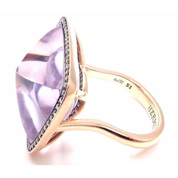 Rare! Authentic Hermes 18k Rose Gold Diamond Large Amethyst Ring - Picture 6 of 12